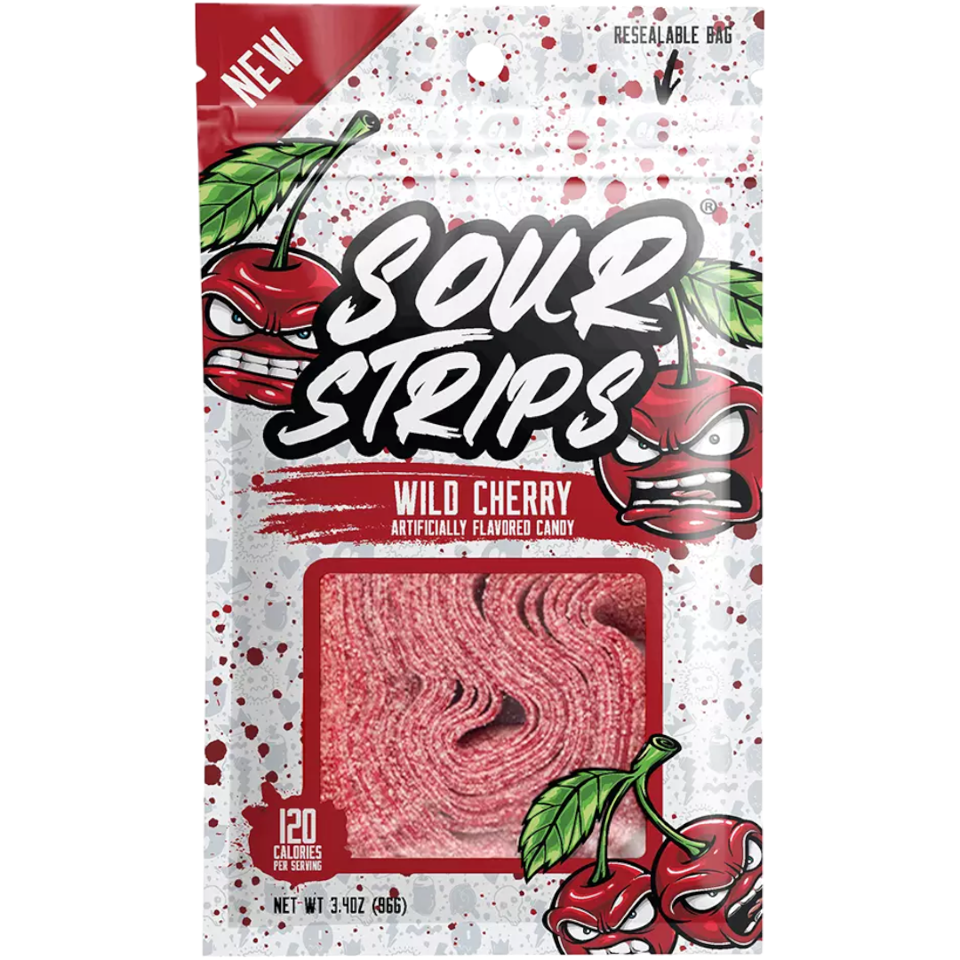Sour Strips Wild Cherry Peg Bag 3.4oz (96g) Poppin Candy