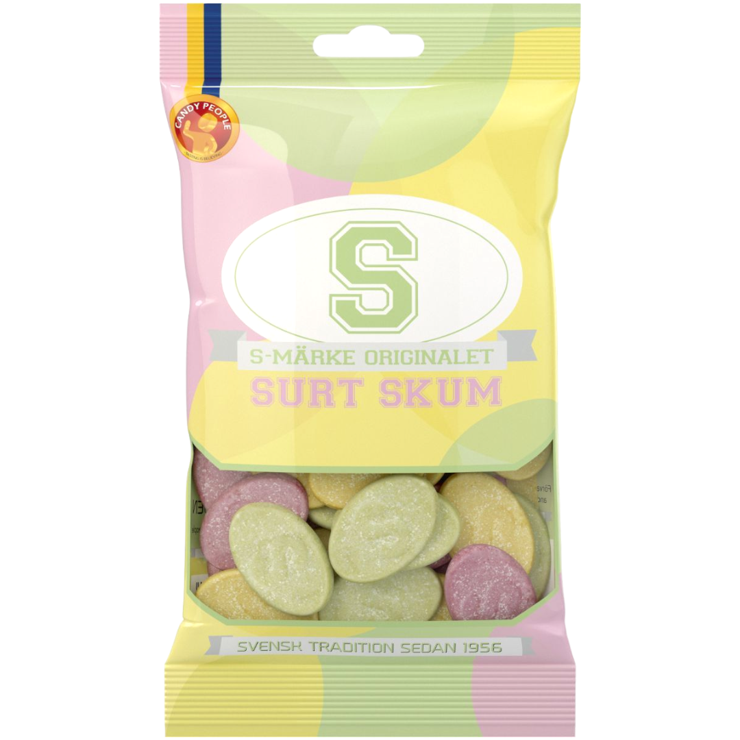 S-Märke Surt Skum (Sour Foam Ovals) Peg Bag (Sweden) - 2.47oz (70g)