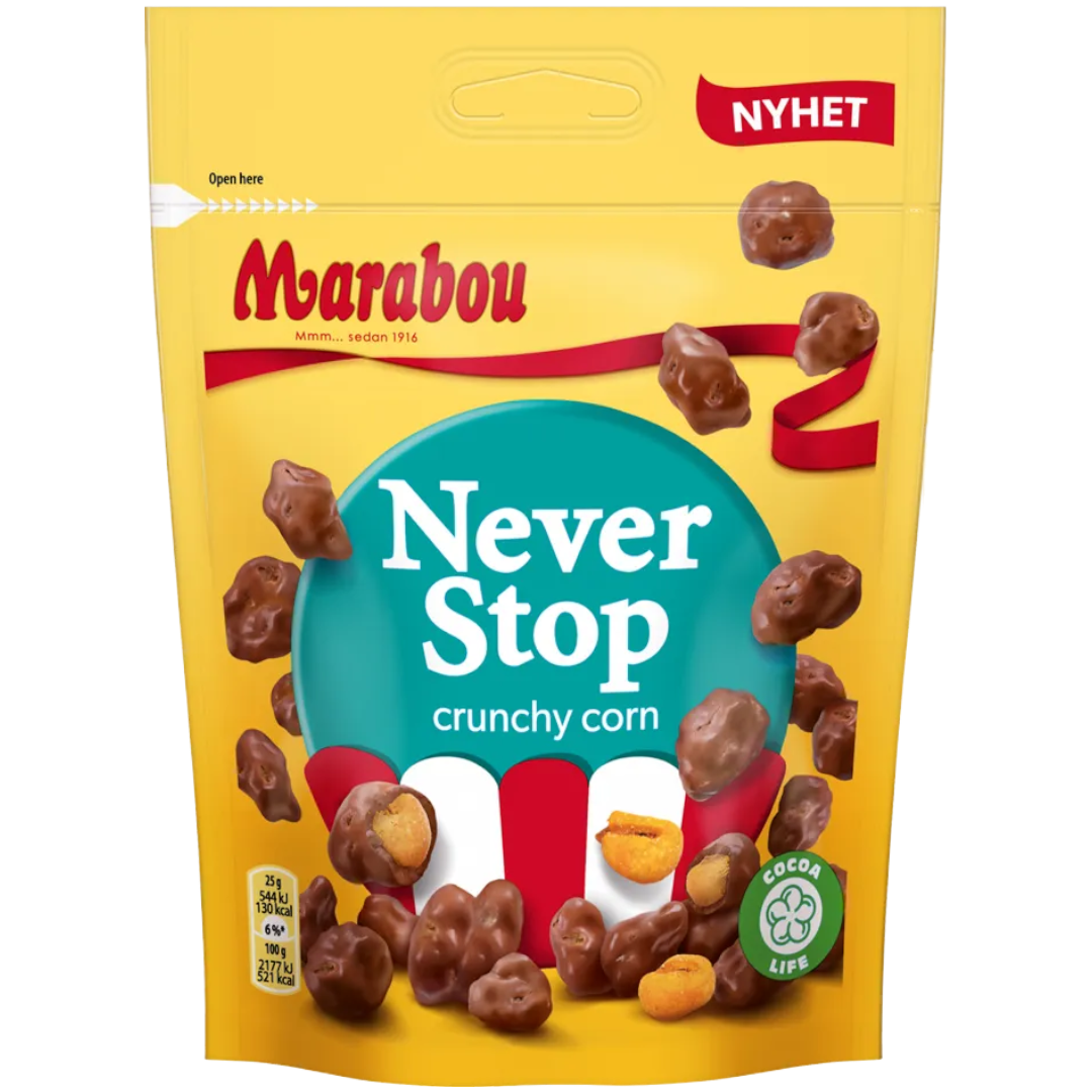 Marabou Never Stop Crunchy Corn (Chocolate-Coated Crunchy Nuts) Share Bag (Sweden) - 6oz (170g)