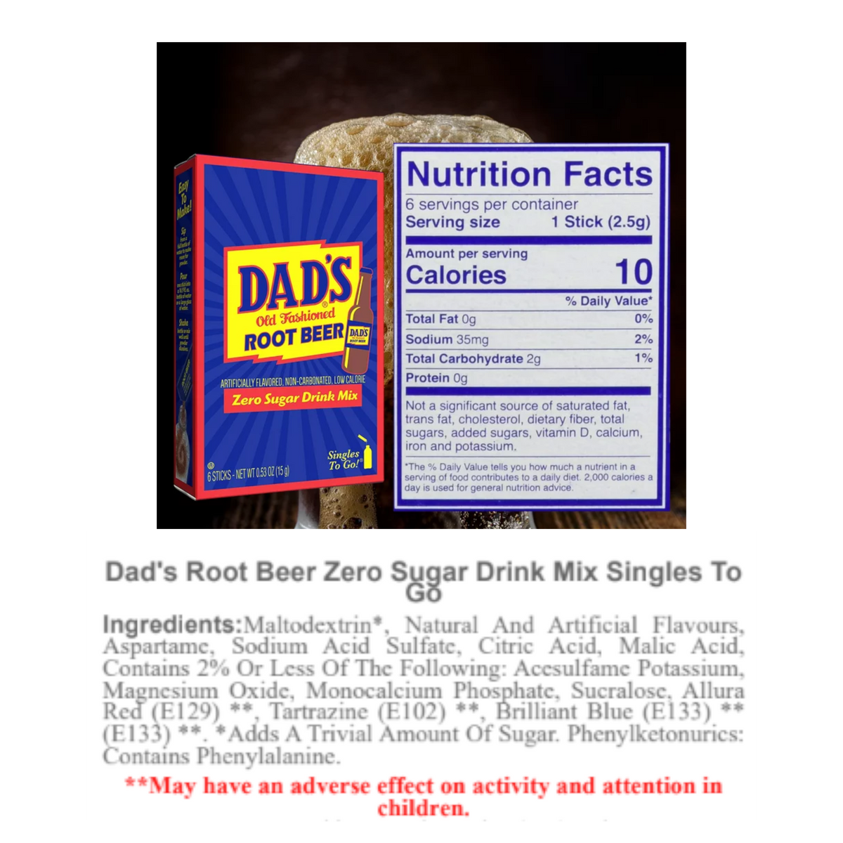 Dad's Old Fashioned Root Beer Zero Sugar Drink Mix Singles To Go 6 P