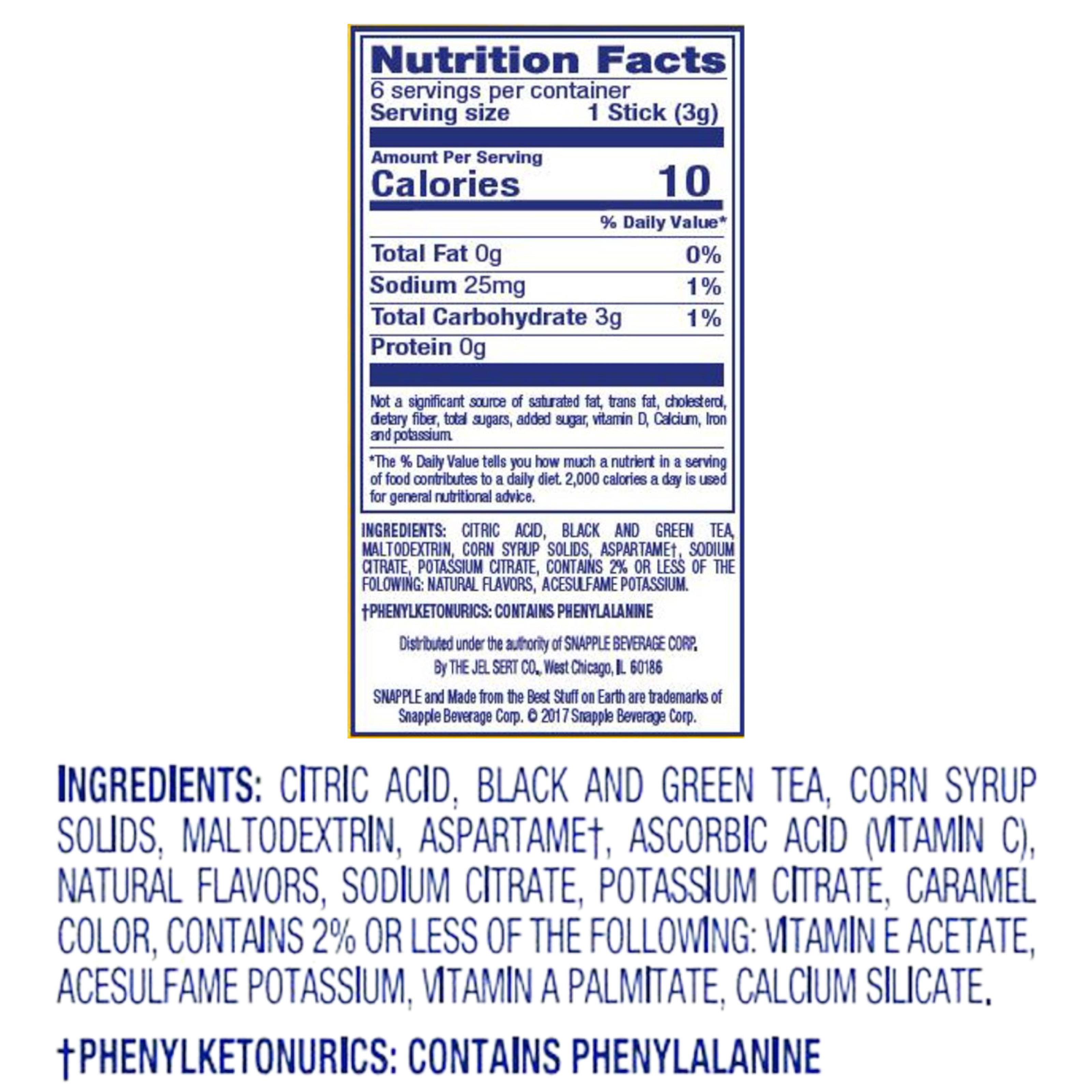 Diet Snapple Lemon Tea Zero Sugar Singles to Go Drink Mix 6 Pack - 0.67oz (18.9g)