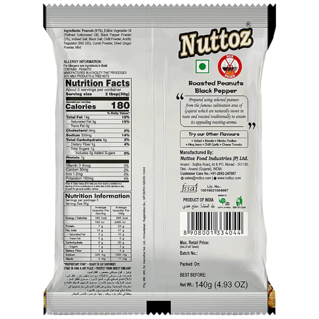 Nuttoz Black Pepper Roasted Peanuts (India) - 4.93oz (140g)