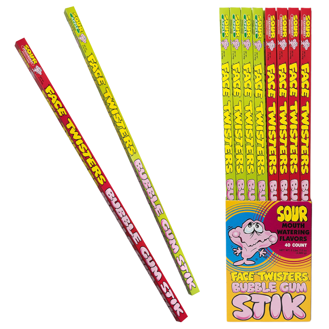 Face Twisters Big Stik Sour Bubble Gum 22 INCHES LONG - 2.1 oz (62g)