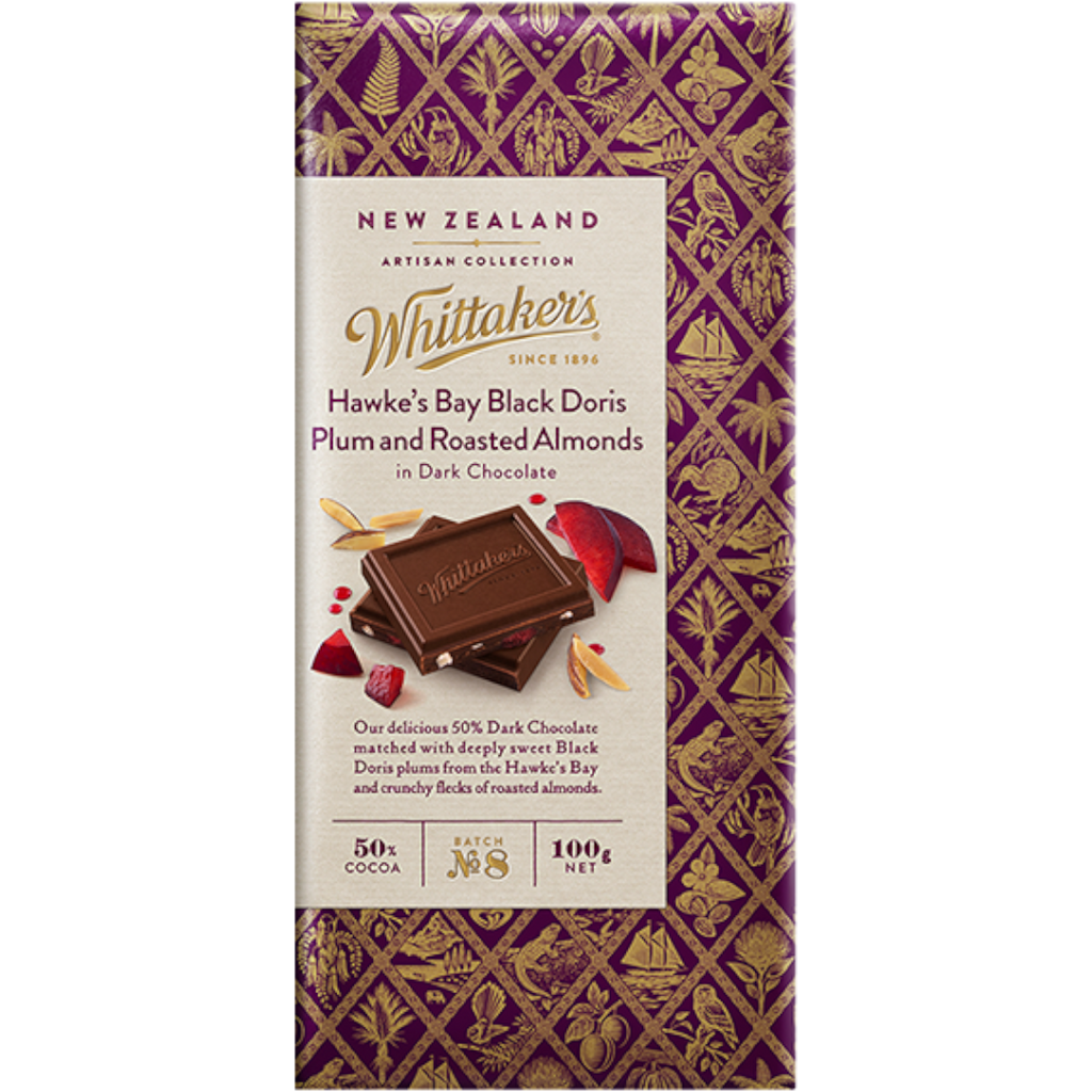 Whittaker's Artisan Hawke's Bay Black Doris Plum & Roasted Almonds Chocolate Block (New Zealand) - 3.5oz (100g)