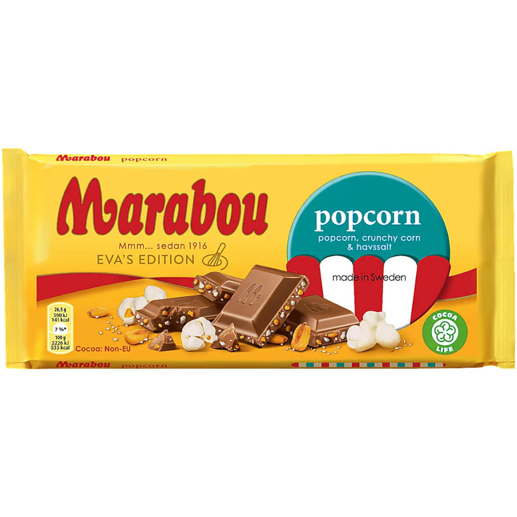 Marabou Popcorn, Crunchy Corn & Sea Salt Chocolate Block (Sweden) - 6.52oz (185g)