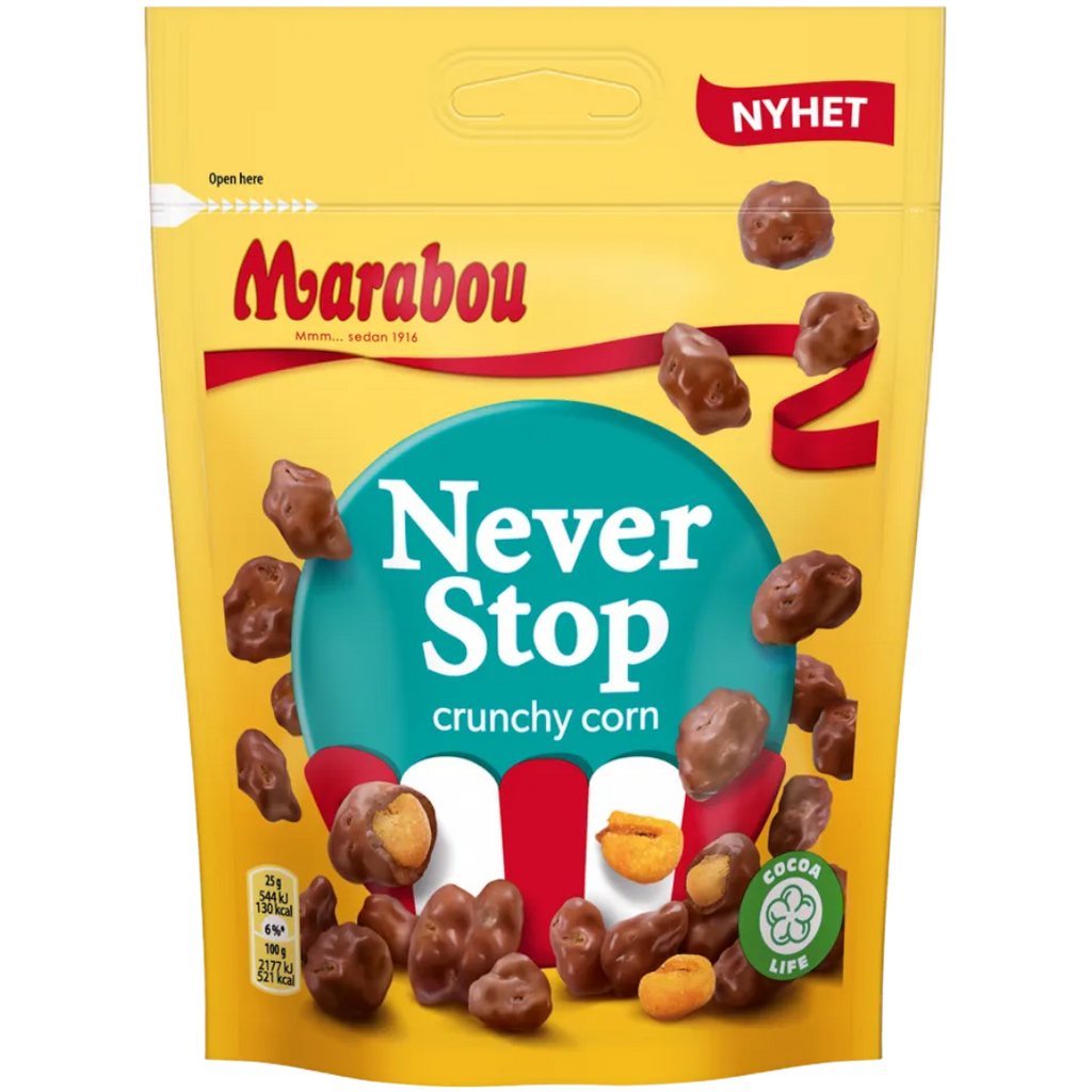 Marabou Never Stop Crunchy Corn (Chocolate-Coated Corn Nuts) Share Bag (Sweden) - 6oz (170g)