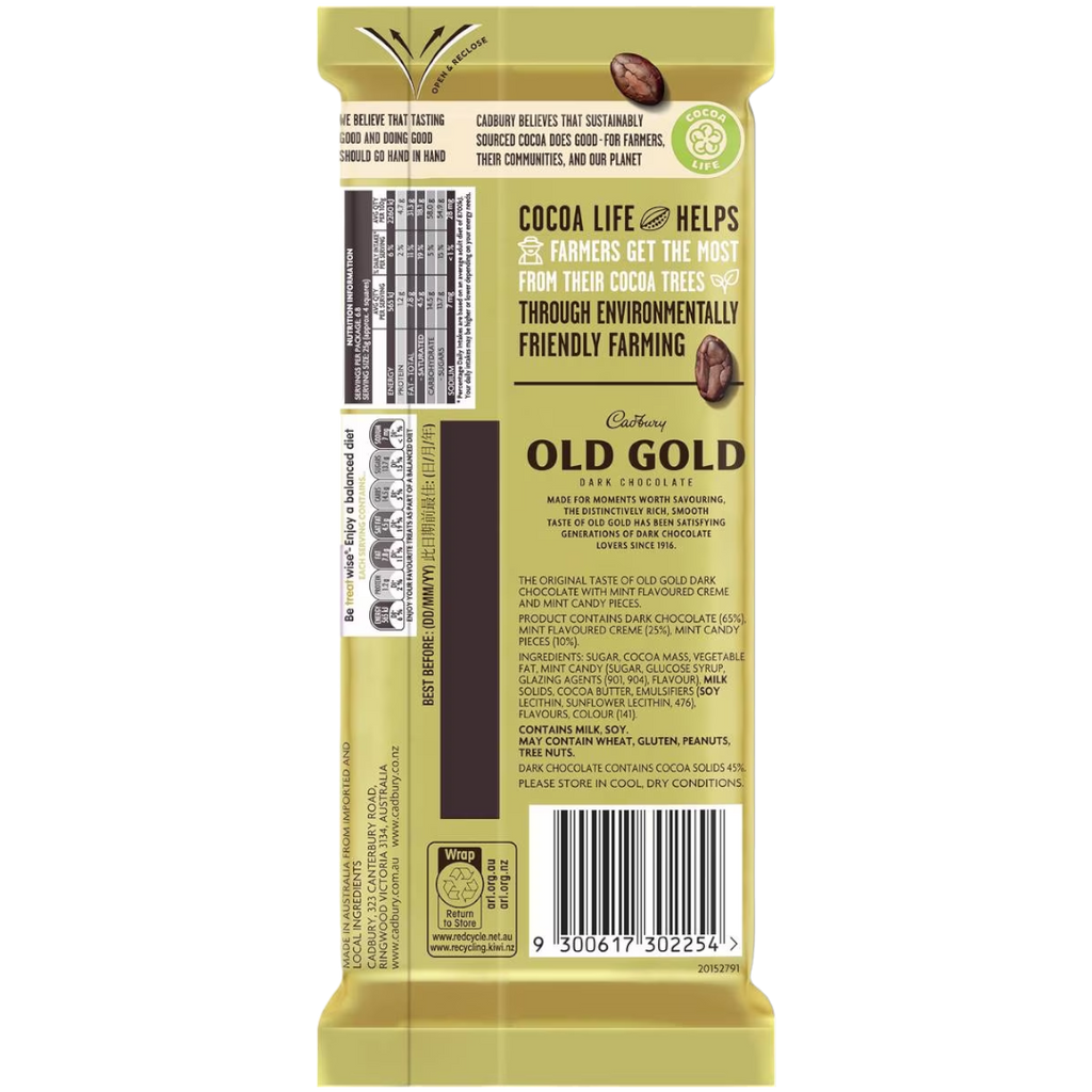 Cadbury Old Gold Slices Mint Creme Chocolate Block (Australia) - 6oz (170g) BB 27TH FEB 24