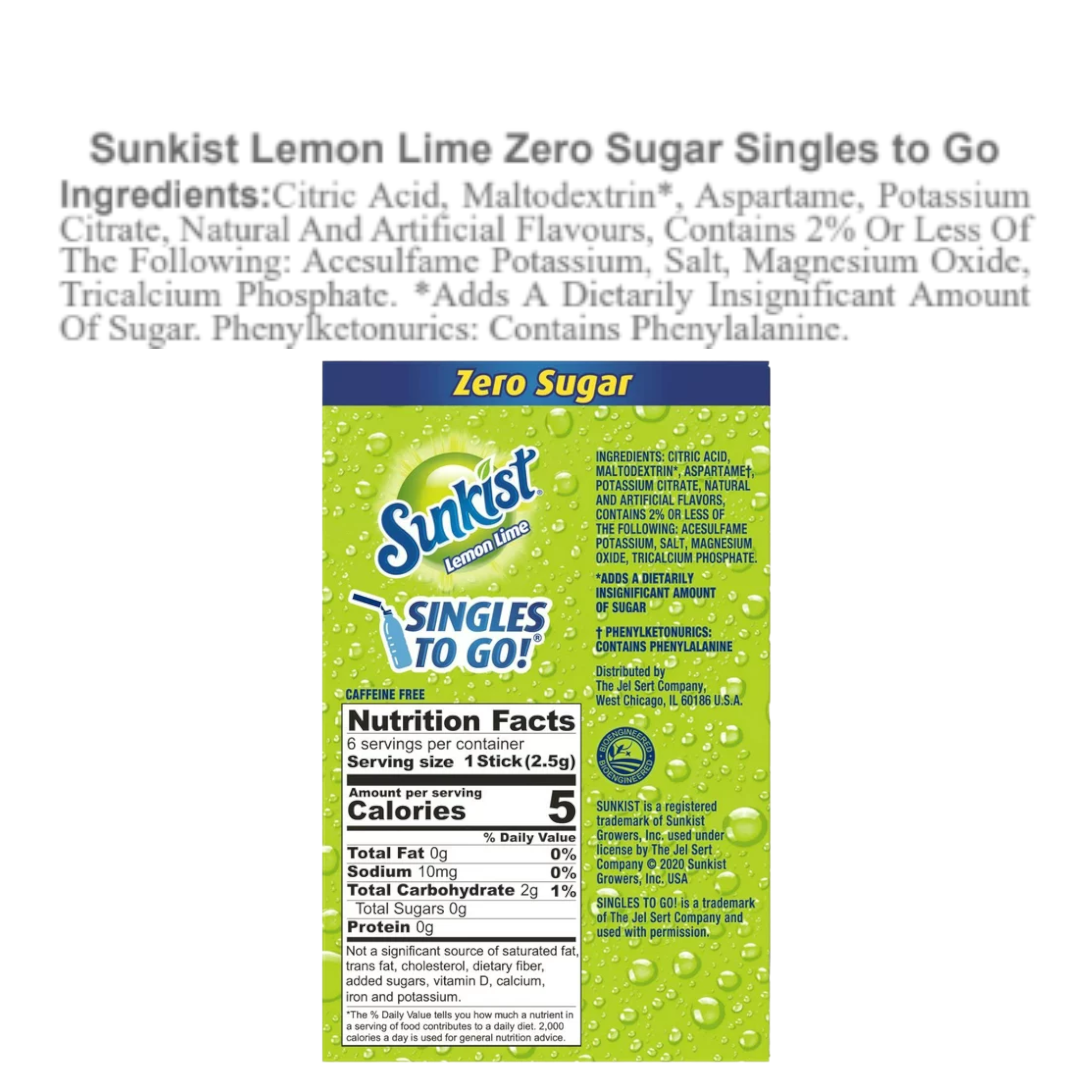 Sunkist Lemon Lime Zero Sugar Singles to Go Drink Mix - 6 Pack (0.53oz (15g))