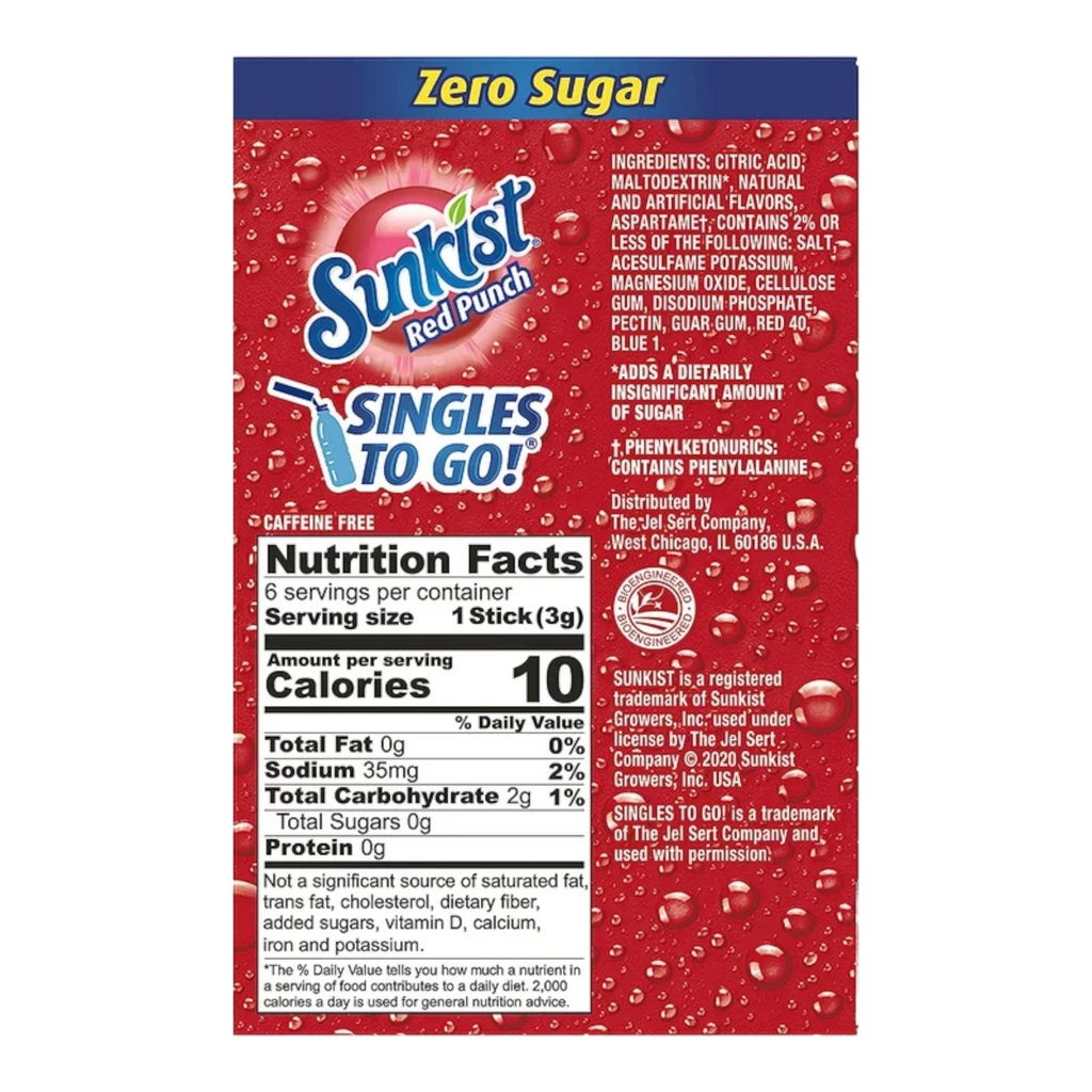 Sunkist Red Punch Zero Sugar Singles to Go Drink Mix 6 Pack - 0.58oz (16.5g)