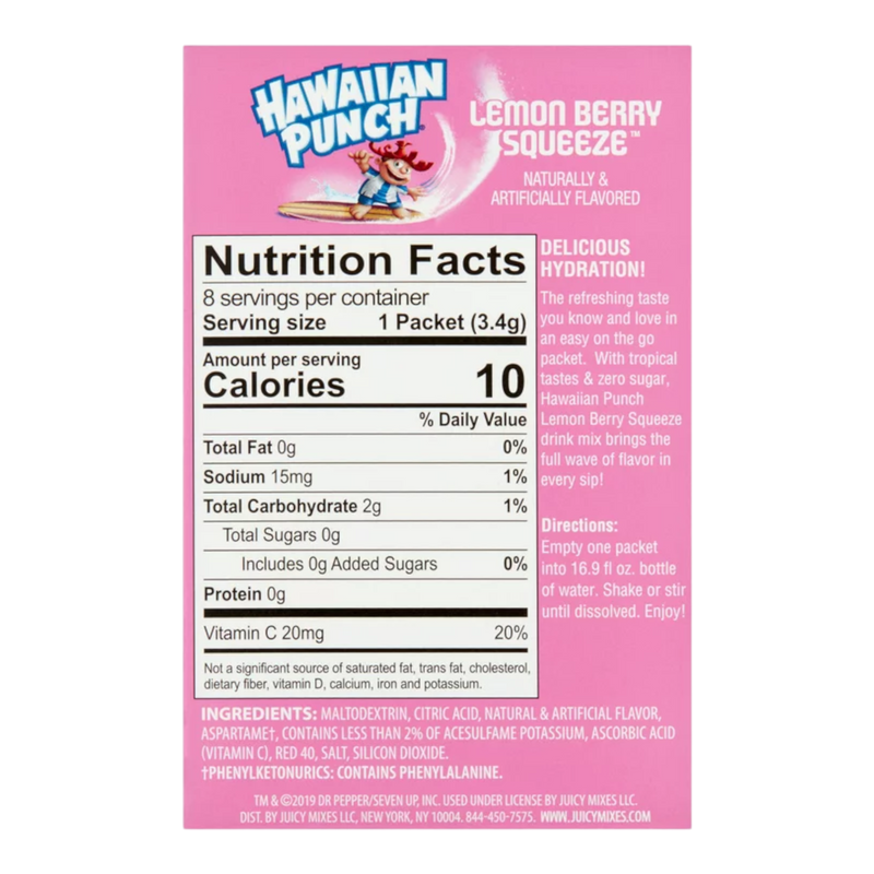 Hawaiian Punch Lemon Berry Squeeze Zero Sugar Singles to Go Drink Mix 8 Pack - 0.95oz (26.9g)