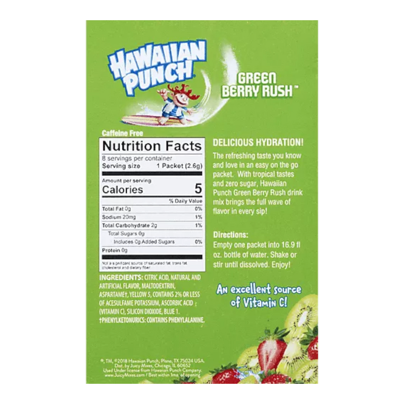 Hawaiian Punch Green Berry Rush Zero Sugar Singles to Go Drink Mix 8 Pack - 0.9oz (25.6g)