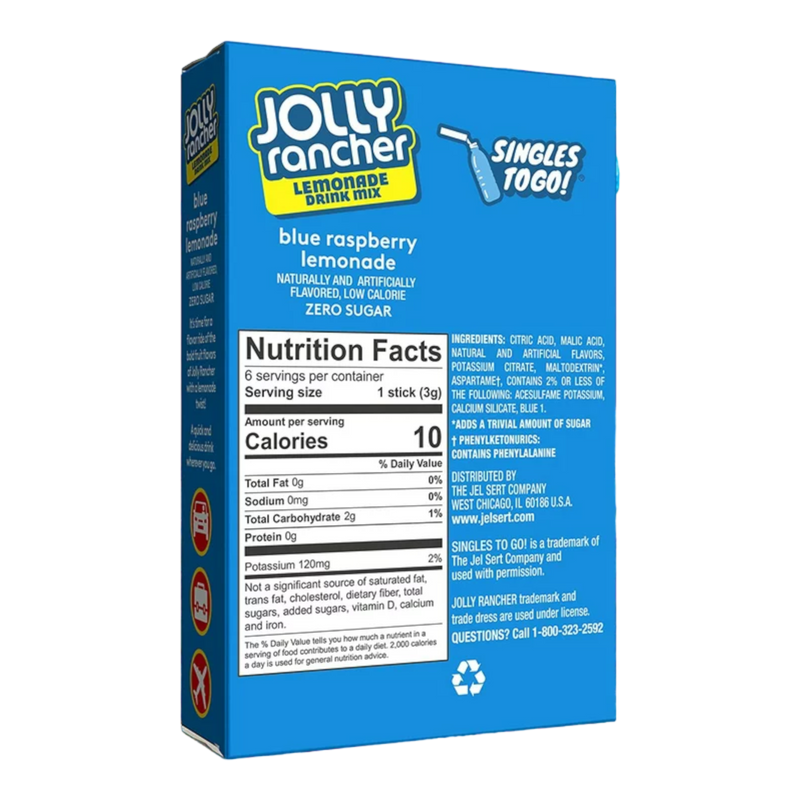 Jolly Rancher Blue Raspberry Lemonade Drink Mix Zero Sugar Singles to Go 6 Pack - 0.68oz (19.3g)