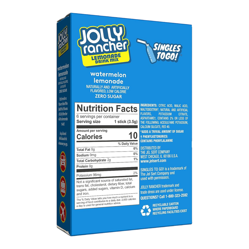 Jolly Rancher Watermelon Lemonade Drink Mix Zero Sugar Singles to Go 6 Pack - 0.71oz (20.2g)