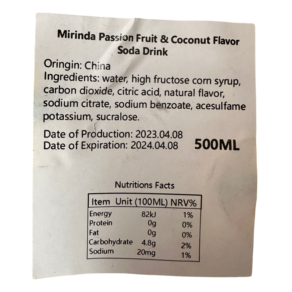 Mirinda Chinese Passionfruit Coconut Flavour (China) - 16.9fl.oz (500ml) BB 11/04/2024