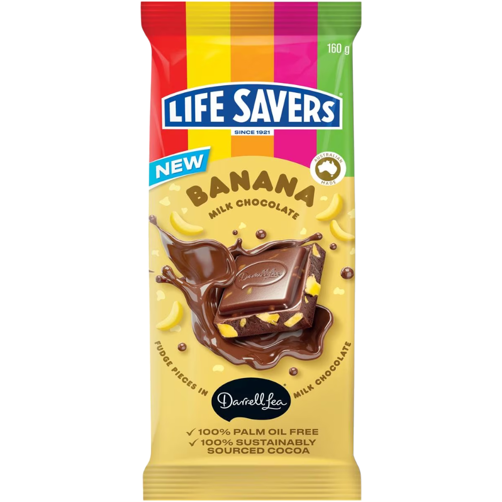 Darrell Lea Lifesavers Banana Milk Chocolate Block (Australia) - 5.6oz (160g)