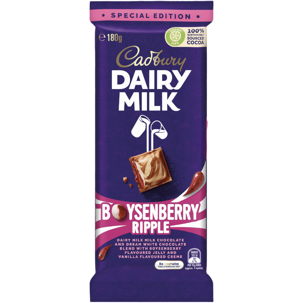 Cadbury Dairy Milk Boysenberry Ripple Special Edition (Australia) - 6.3oz (180g) B.B- 08.07.24