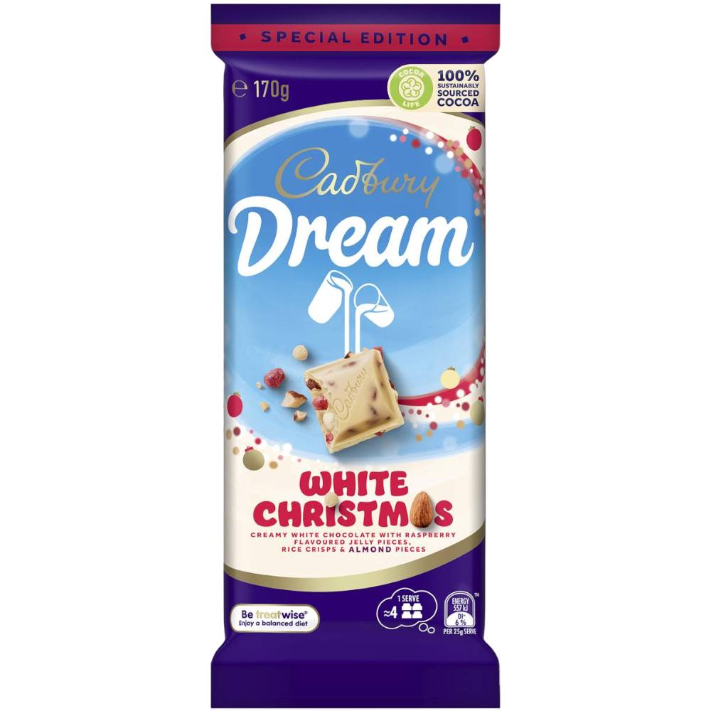 Cadbury Dream White Christmas (Raspberry Jellies, Rice Crisps & Almonds) Chocolate Block Christmas Limited Edition (Australia) - 6oz (170g)