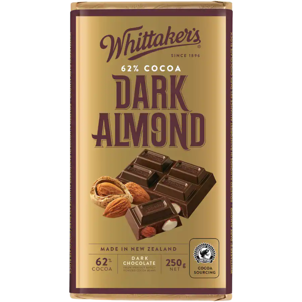 Whittaker's Dark Almond Chocolate Block (New Zealand) - 8.8oz (250g)