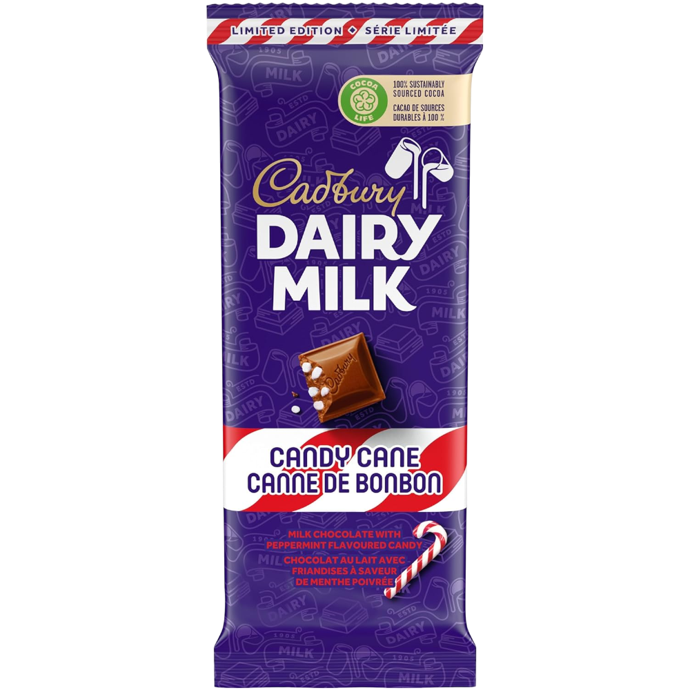 Cadbury Dairy Milk Candy Cane Chocolate Sharing Bar Christmas Limited Edition (Canada) - 3.53oz (100g)