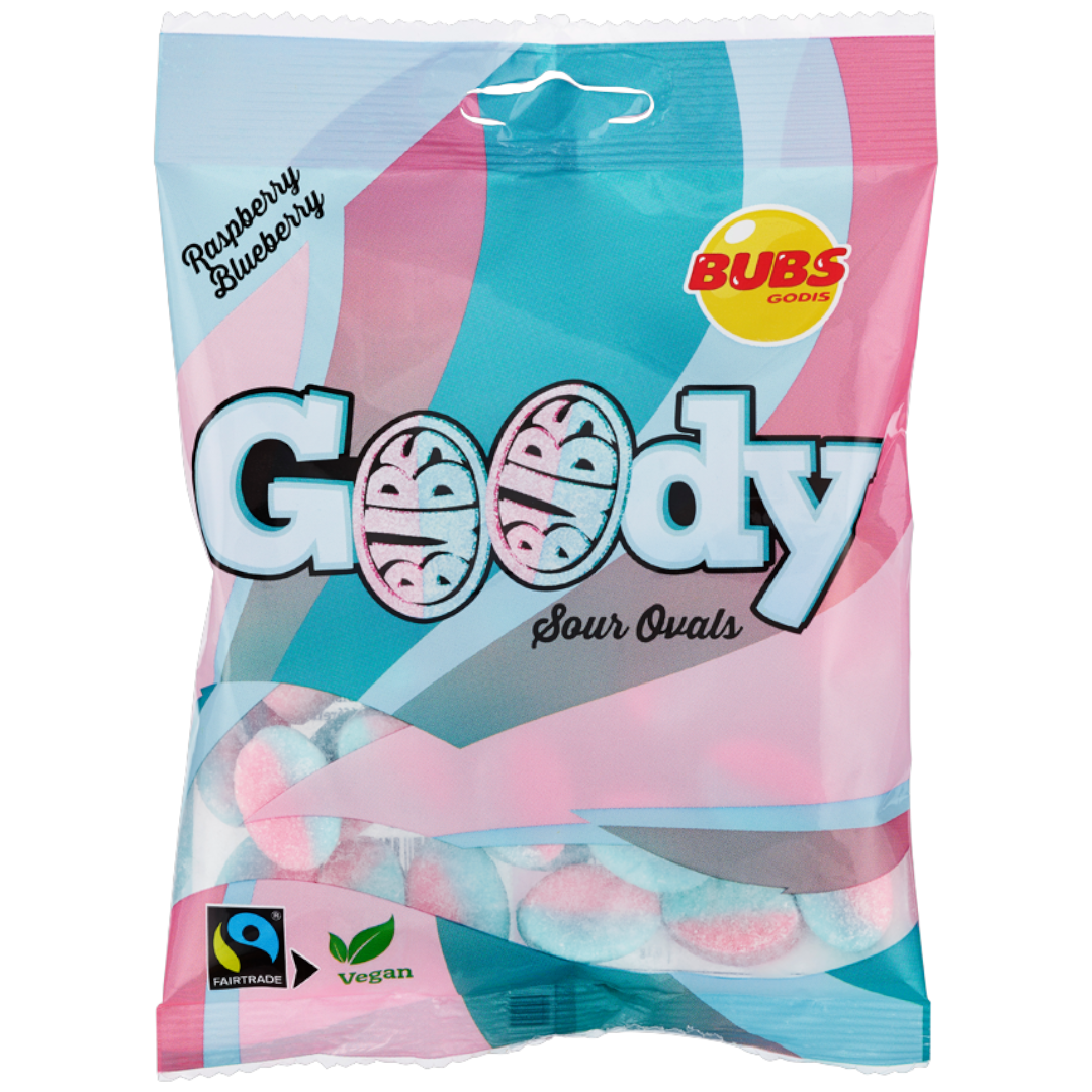 BUBS GOODY Raspberry & Blueberry Sour Ovals Peg Bag (Sweden) - 3.17oz (90g)