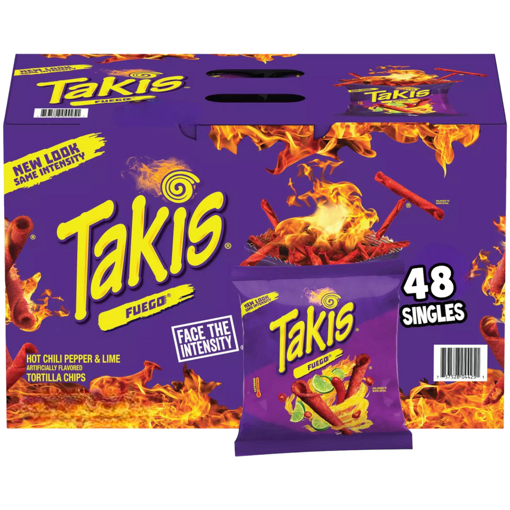Box of Takis Fuego Hot Chili Pepper & Lime Tortilla Chips - 48x 55g Bags